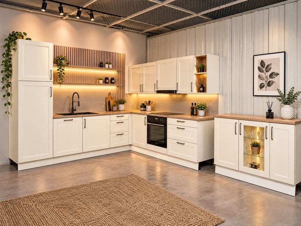 Einbauküche Schüller Echtholz Fronten Beige Matt Küche L-Form, Bild 1